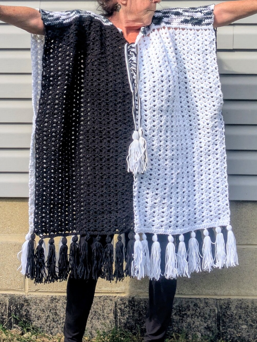 Handmade Black & White Crochet Fringe Shawl/Poncho